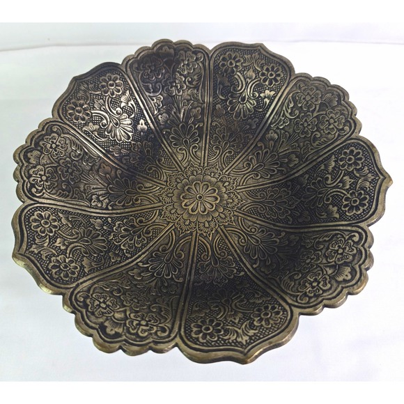 Other - Brass Embossed Floral Scalloped Pedestal Bowl/Compote Metallic Finish
